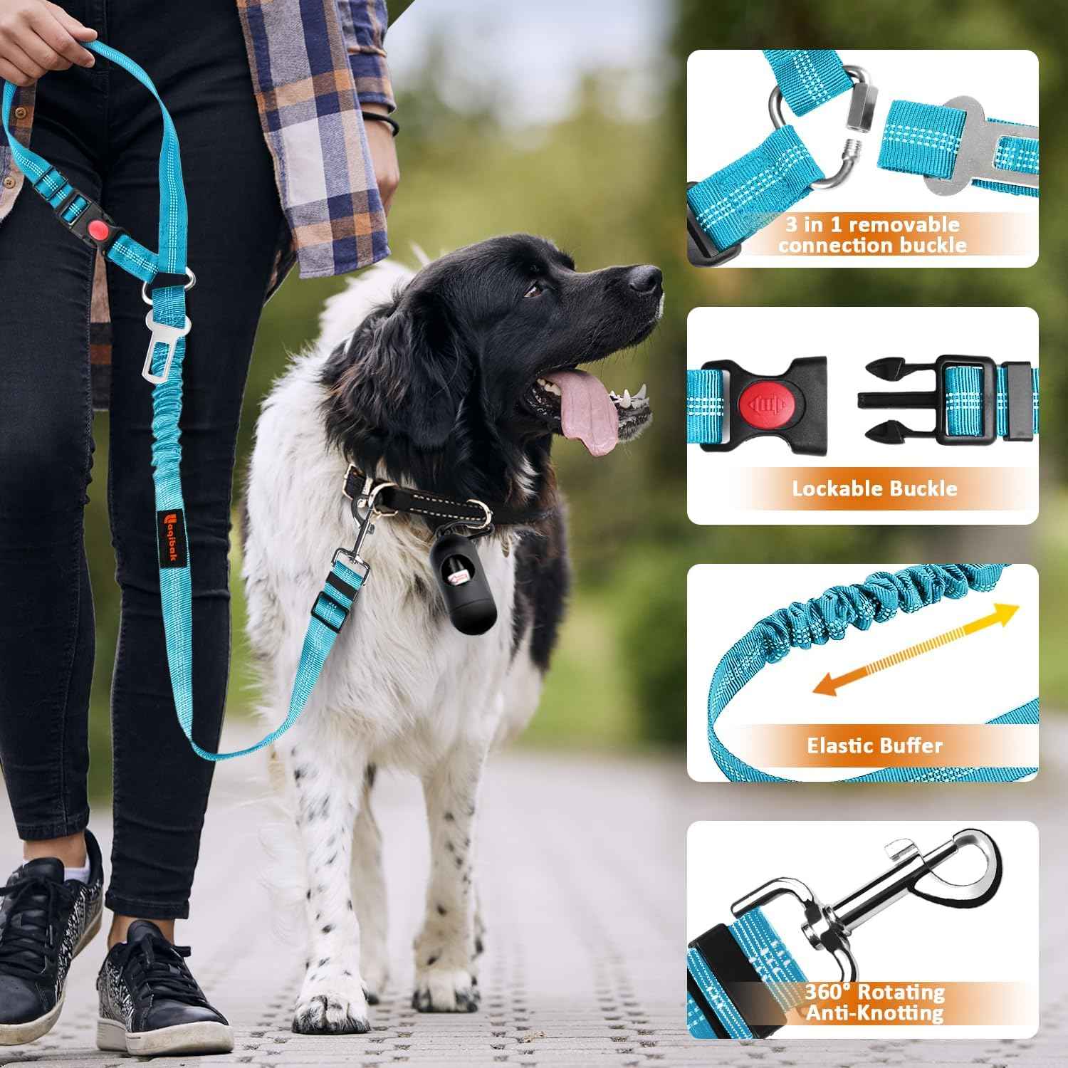 Blue and Black 3 in 1 Pet Dog Car Seatbelt Leash with Retractable Restraint and Adjustable Reflective Bungee Tether