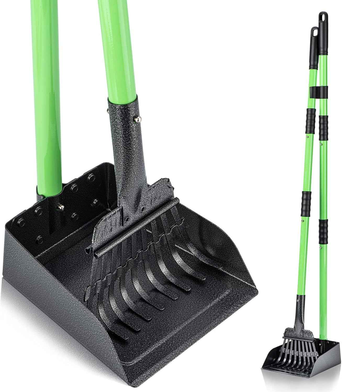 mxf pooper scooper, stainless metal tray and rake set for small dogs, heavy duty, long handle, green