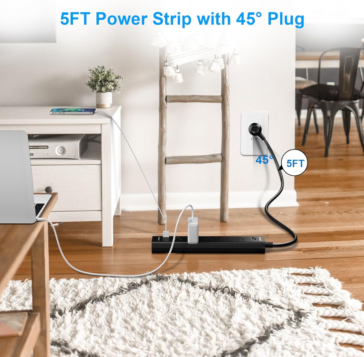 black 2-pack power strip with 5 outlets, 3 usb ports, 1250w surge protector, 5ft cord, wall mount for home office