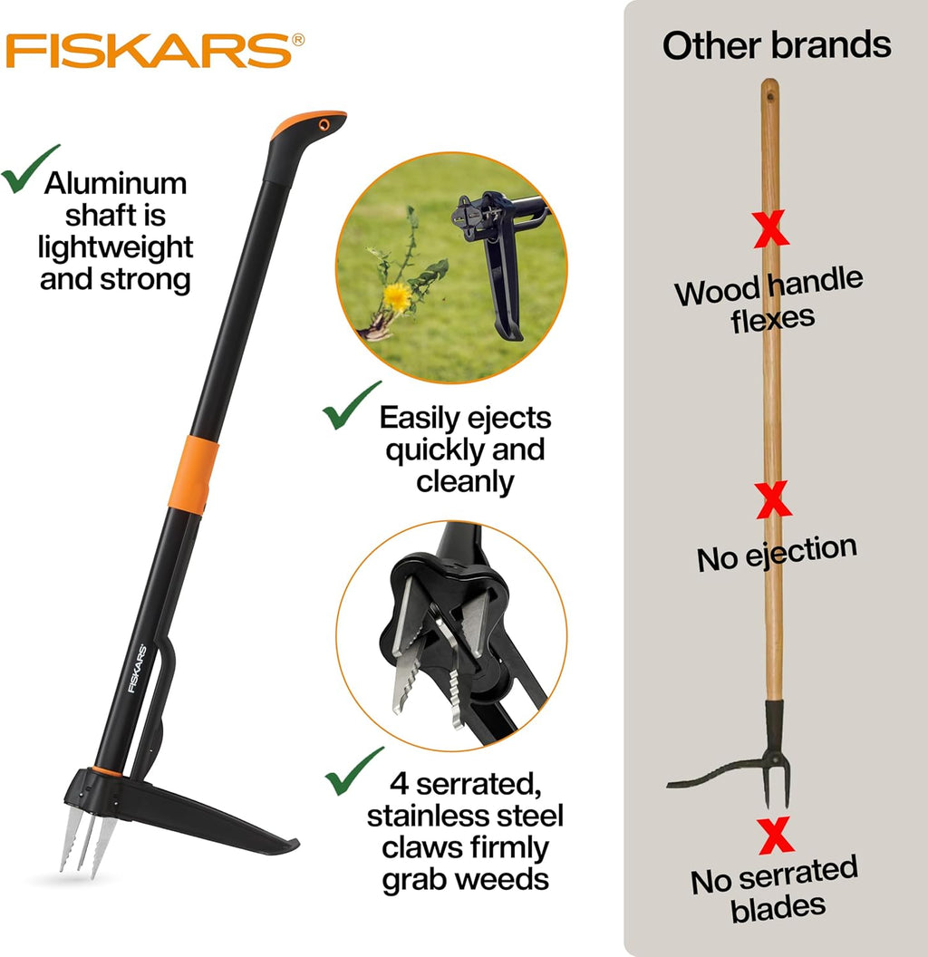 Fiskars Stand-Up Weed PLller Tool, 4 Serrated Stainless Steel Claws Grip Roots for Permanent Removal, Reinforced Foot Platform Penetrates Tough Soil, Easy-Eject & Ergonomic Offset Handle, 39"