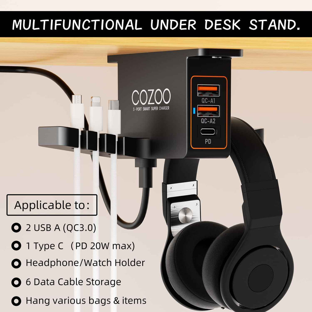 cozoo head phone stand with usb charger under desk headset holder mount 3 usb charging station and iwatch stand