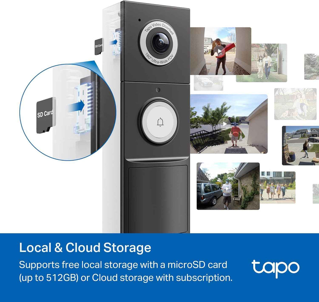 Tapo 2K+ Wired or Battery Powered Smart Video Doorbell with Chime - 180° Field of View, Person/Vehicle/Package Detection, Ring Call, 2-Way Audio, Subscription-Free Local Storage or Optional Cloud,D225