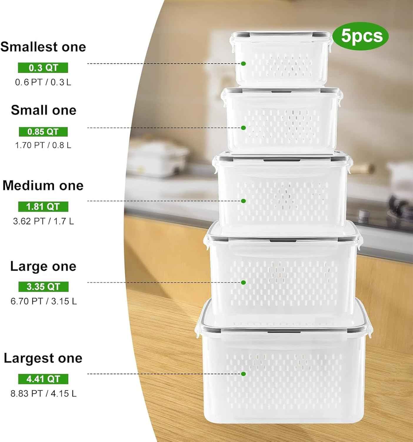 5PCS Large Leakproof Fruit Containers with Removable Colanders Dishwasher and Microwave Safe - Set of 5