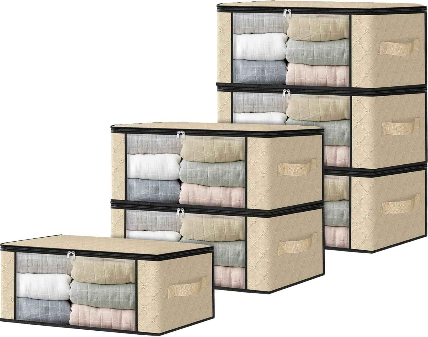 HomeHacks Storage 3-Pack Clothes Organizer Storage Bags Foldable Storage Box with Large Clear Window Sturdy Handles for Closet, Dorm, Pillows, Bedding, Clothes, Blankets, 35L, Gray
