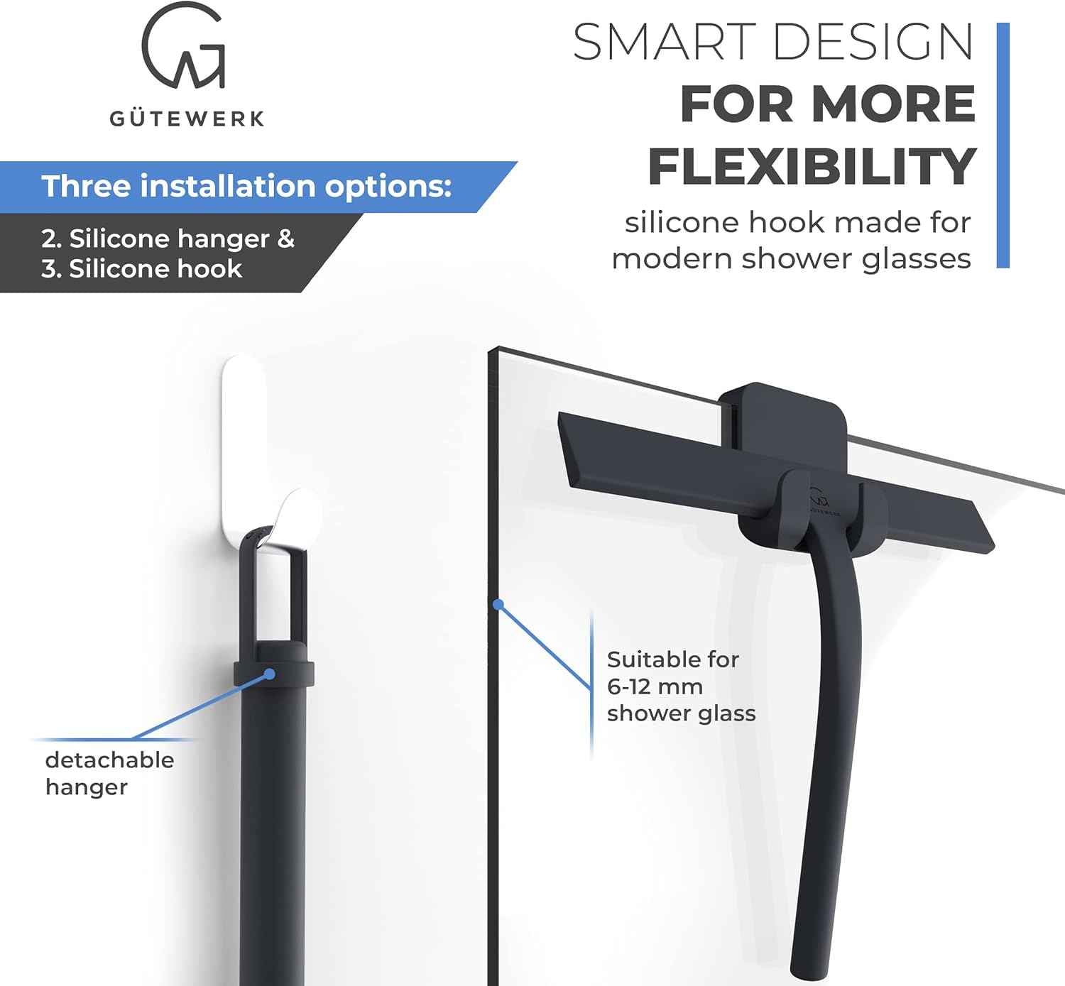 GÜTEWERK 9-Inch Silicone Shower Squeegee, Black with Stainless Steel Core and Soft-Touch Handle