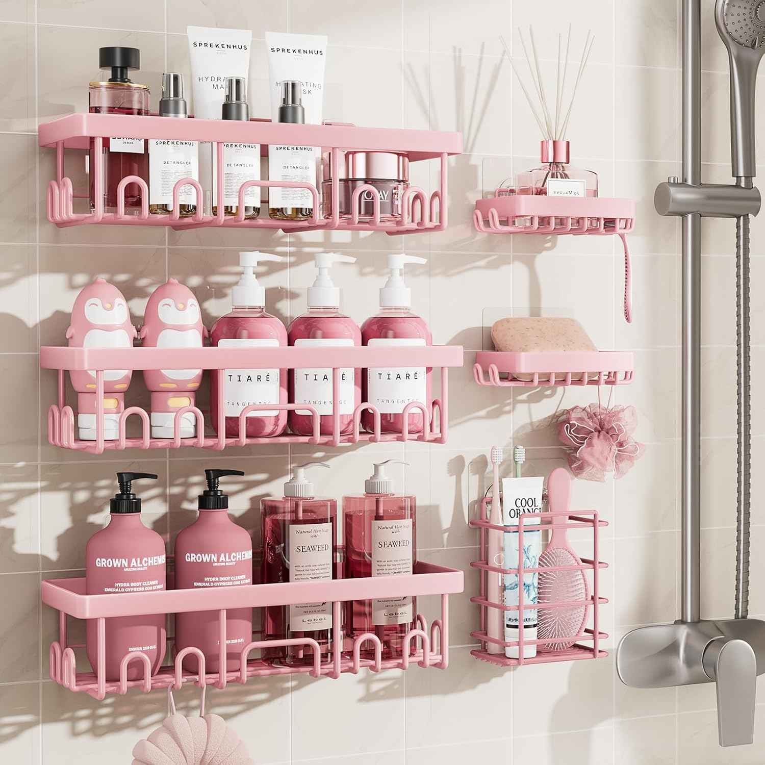 Veken Shower Caddy 6-Pack, Advanced Rustproof Design, No Drilling Adhesive Shelves, Rack with Soap Holder, Large Capacity Bathroom Organizers and Storage, Wall-Mounted Kitchen & Home Decor