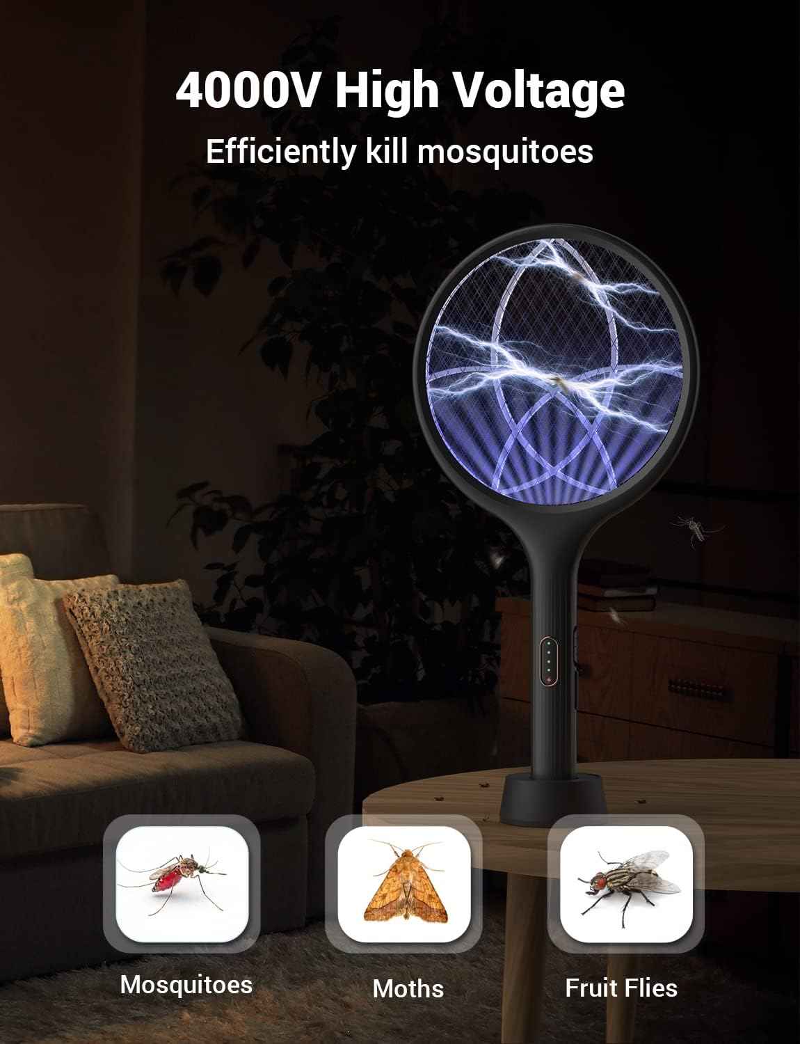 yissvic electric fly swatter bug zapper racket dual modes mosquito killer purple light rechargeable indoor outdoor