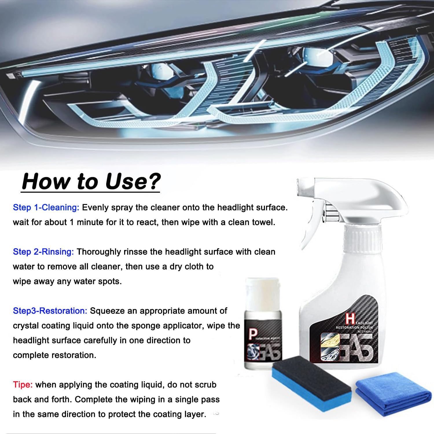 Car Headlight Restoration Polishing Kits with 6.3Fl.Oz Ceramic Coating Spray
