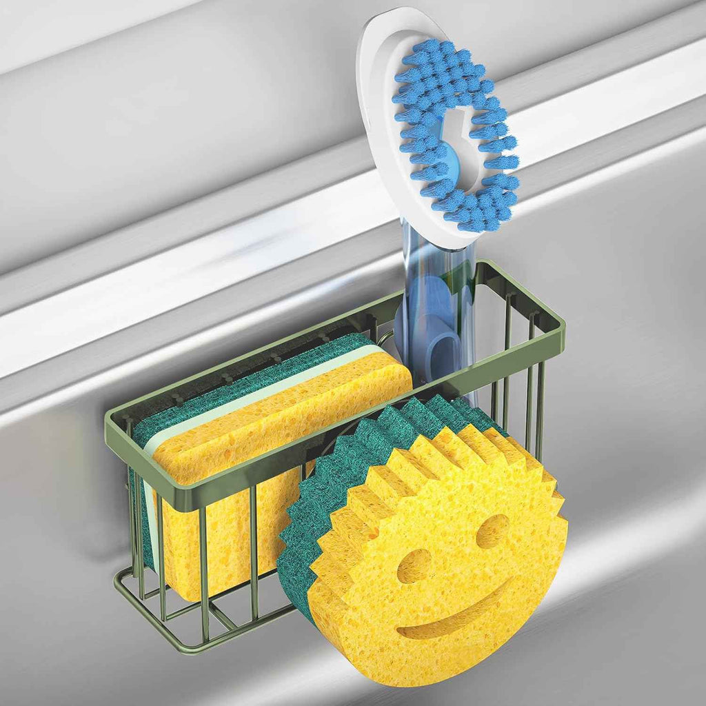 Sponge Holder Smiley Face,Sink Caddy,Sink Organizer with 2 Suction Cups/1 Adhesive Strips,Designed for Sponge,Soap,Dish Brush,Scrubber - Black