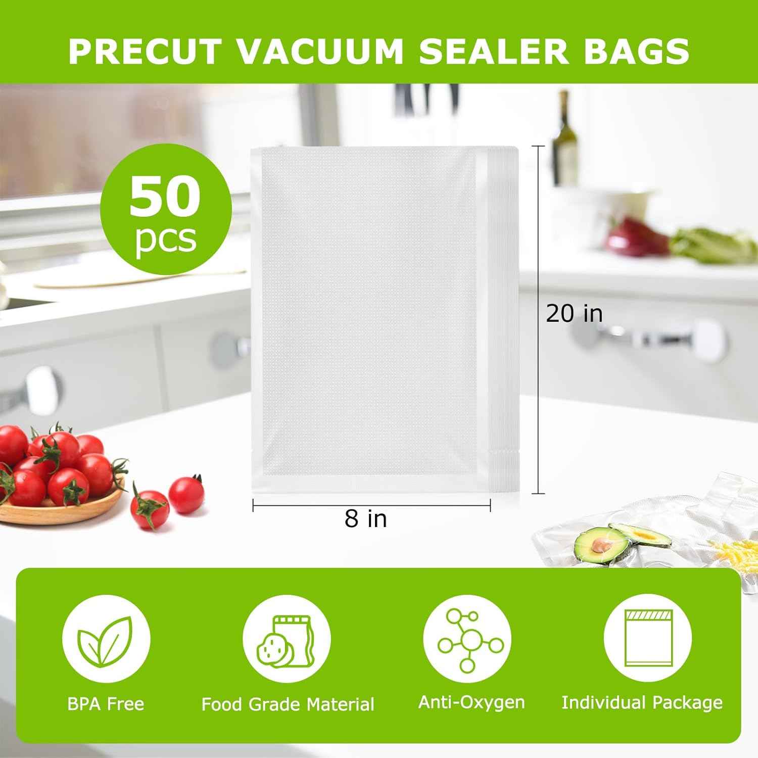 Bonsenkitchen Vacuum Sealer Bags, 50-Pack, 8"x12", BPA-Free, Heavy-Duty, Commercial Grade for Meal Prep and Sous Vide