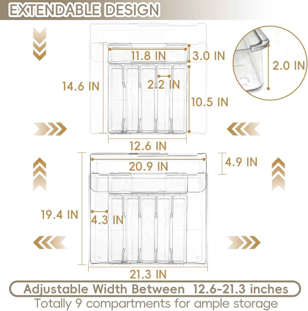 Expandable Silverware Organizers for Kitchen Drawer, Clear Utensil Drawer Organizer Tray, Adjustable Cutlery Flatware Holder for Spoon Fork Knife, Plastic Spatula Tools Gadgets Storage Divider