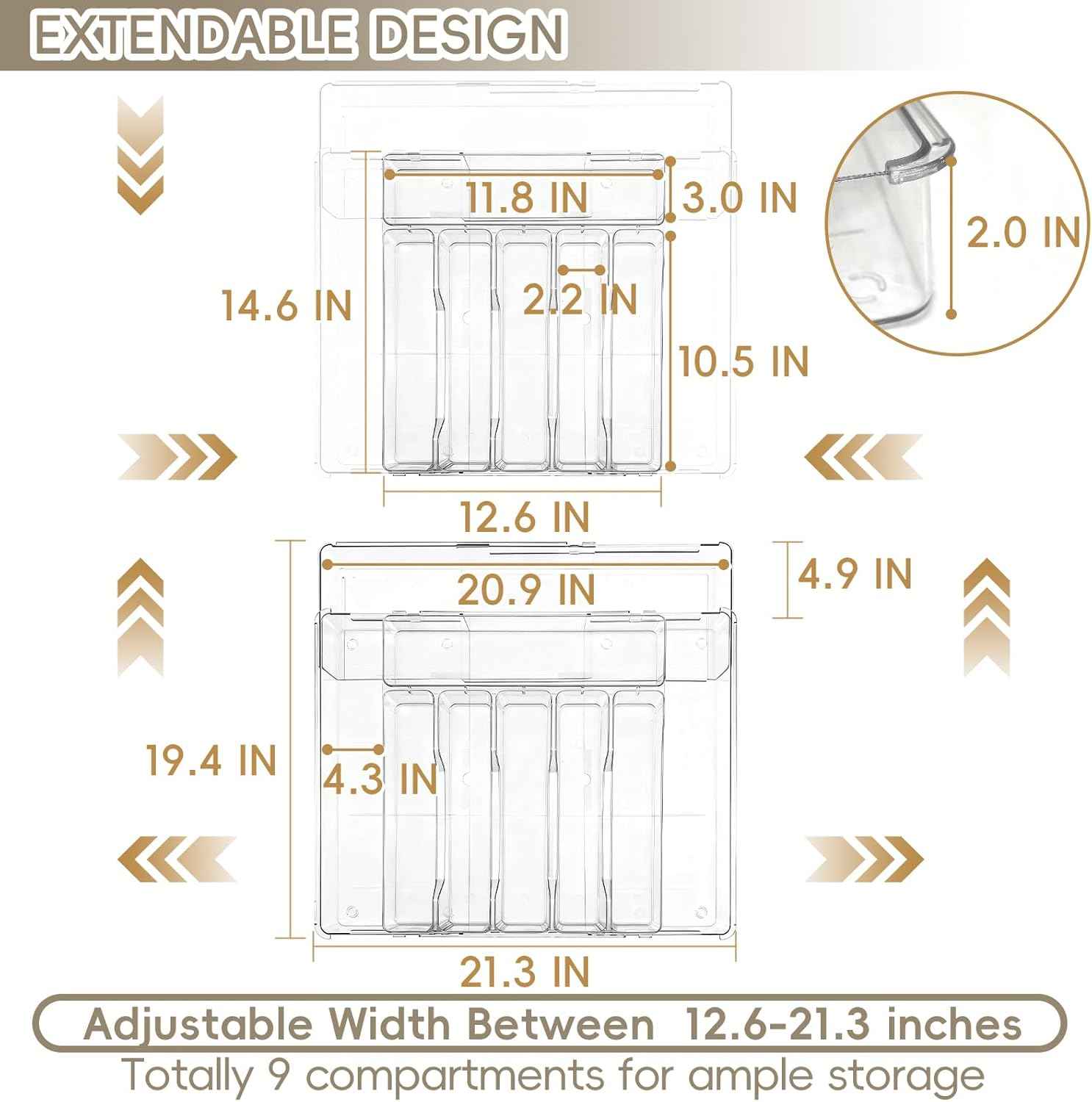 Expandable Silverware Organizer, Clear Utensil Drawer Tray with Adjustable Compartments for Spoons, Forks, Knives