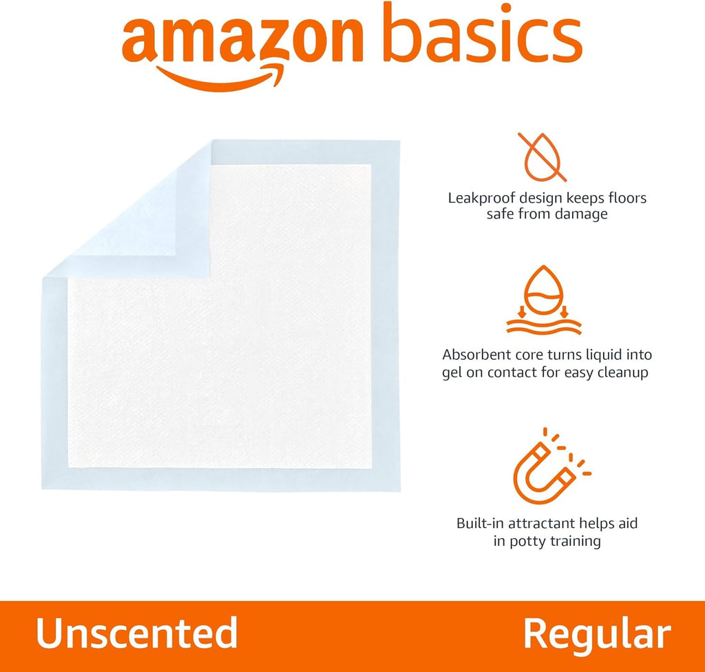 Amazon Basics Leak-Proof Dog and PLppy Potty Training Pee Pads with Quick-Dry 5-Layer Super Absorbent Design, Regular Size 22 x 22 inch, Blue & White, 100 Count