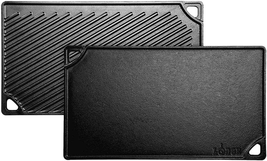 Lodge Reversible Cast Iron Grill/Griddle, 9.5 x 16.75 Inch Pre-Seasoned, Stove, Grill, or Campfire Use, Heavy-Duty, Black, Made in USA