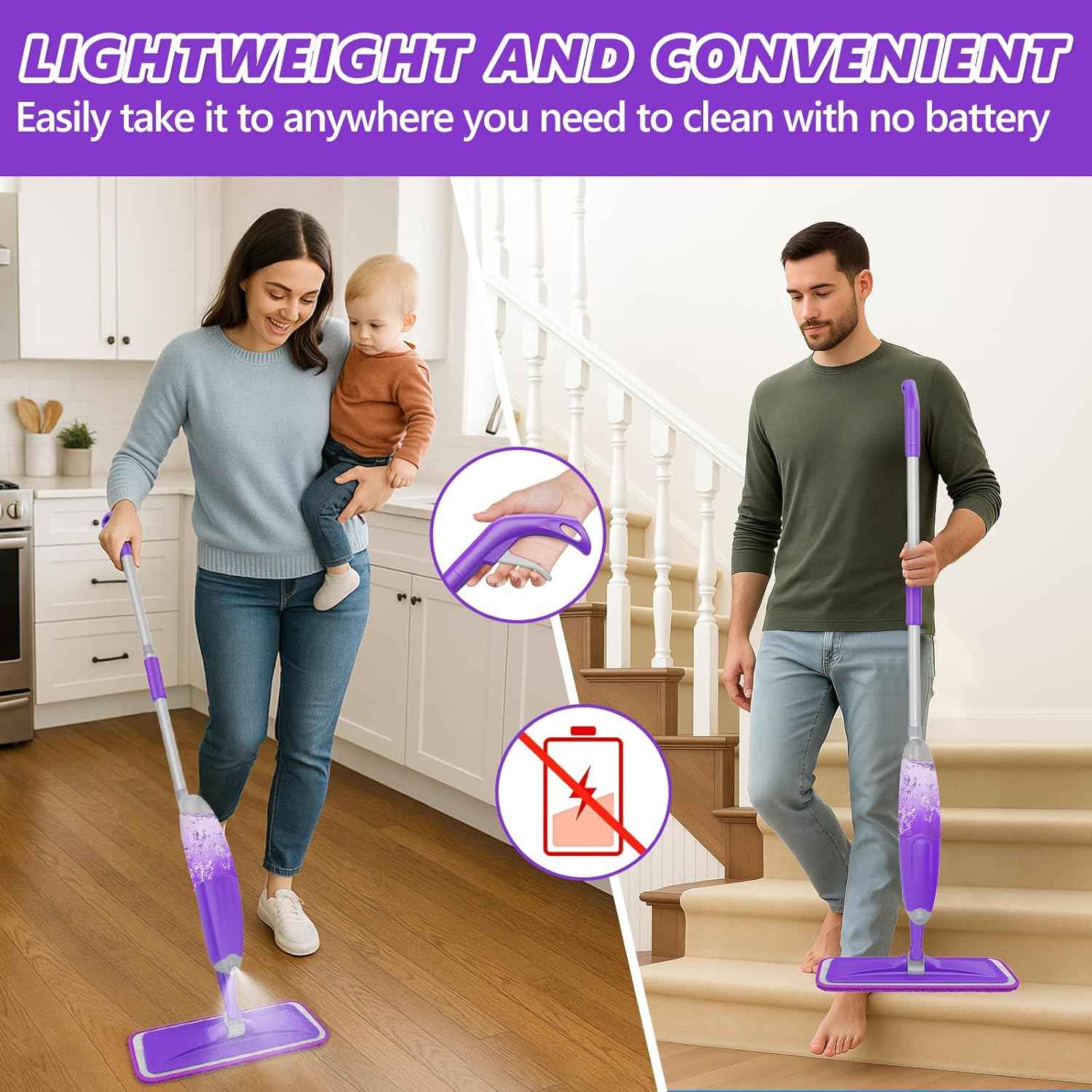 HOMTOYOU Lightweight Microfiber Spray Mop for Hardwood, Tile, and Vinyl Floors - Includes 3 Washable Pads