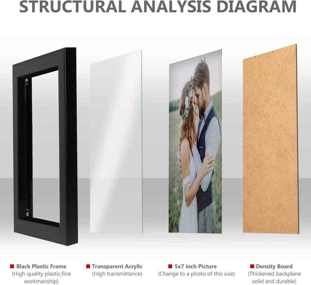 pecula 2-pack black picture frame for 5x7 photos, plexiglass and plastic construction, wall and tabletop display