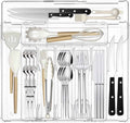 Expandable Silverware Organizers for Kitchen Drawer, Clear Utensil Drawer Organizer Tray, Adjustable Cutlery Flatware Holder for Spoon Fork Knife, Plastic Spatula Tools Gadgets Storage Divider
