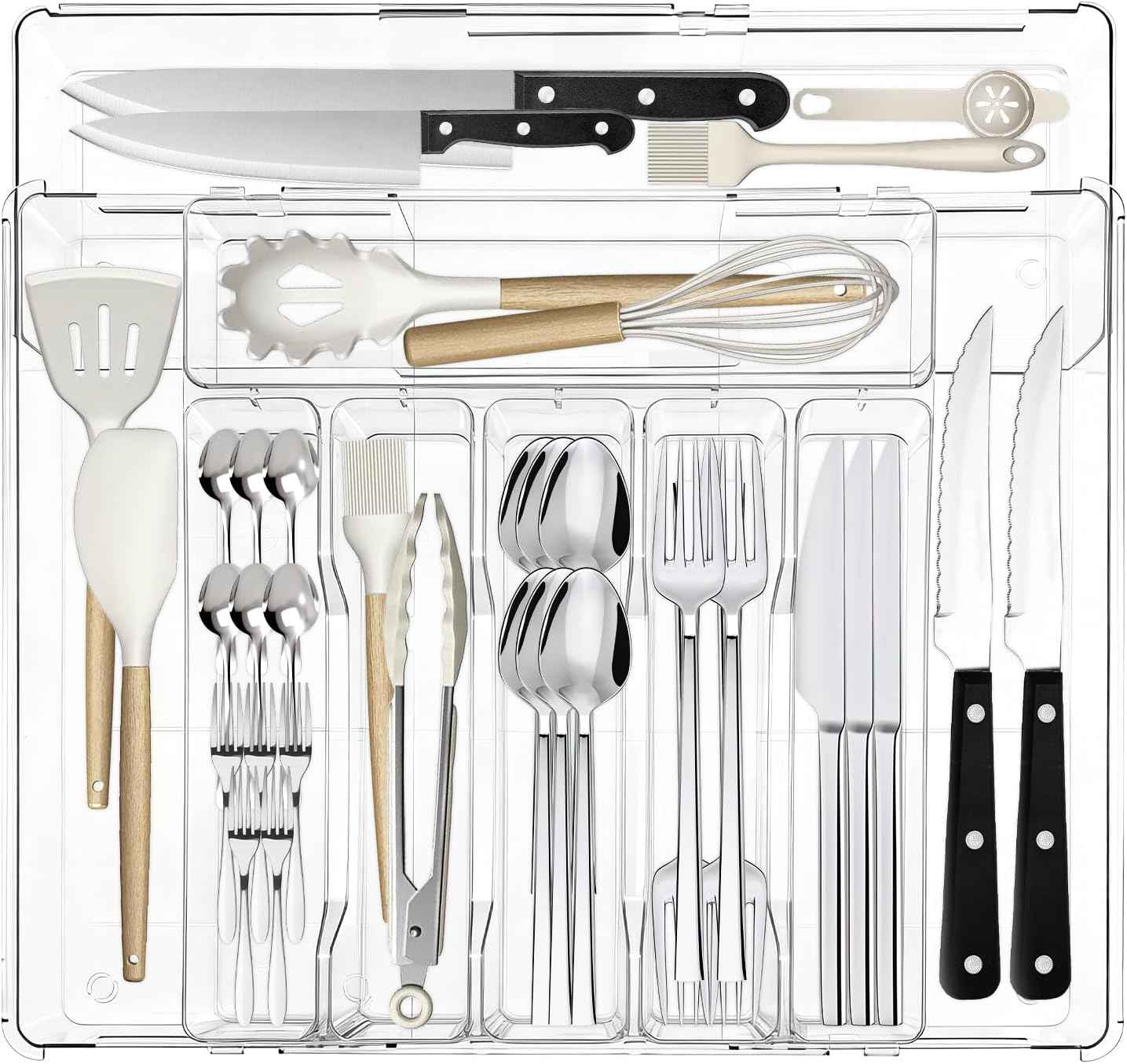 Expandable Silverware Organizer, Clear Utensil Drawer Tray with Adjustable Compartments for Spoons, Forks, Knives