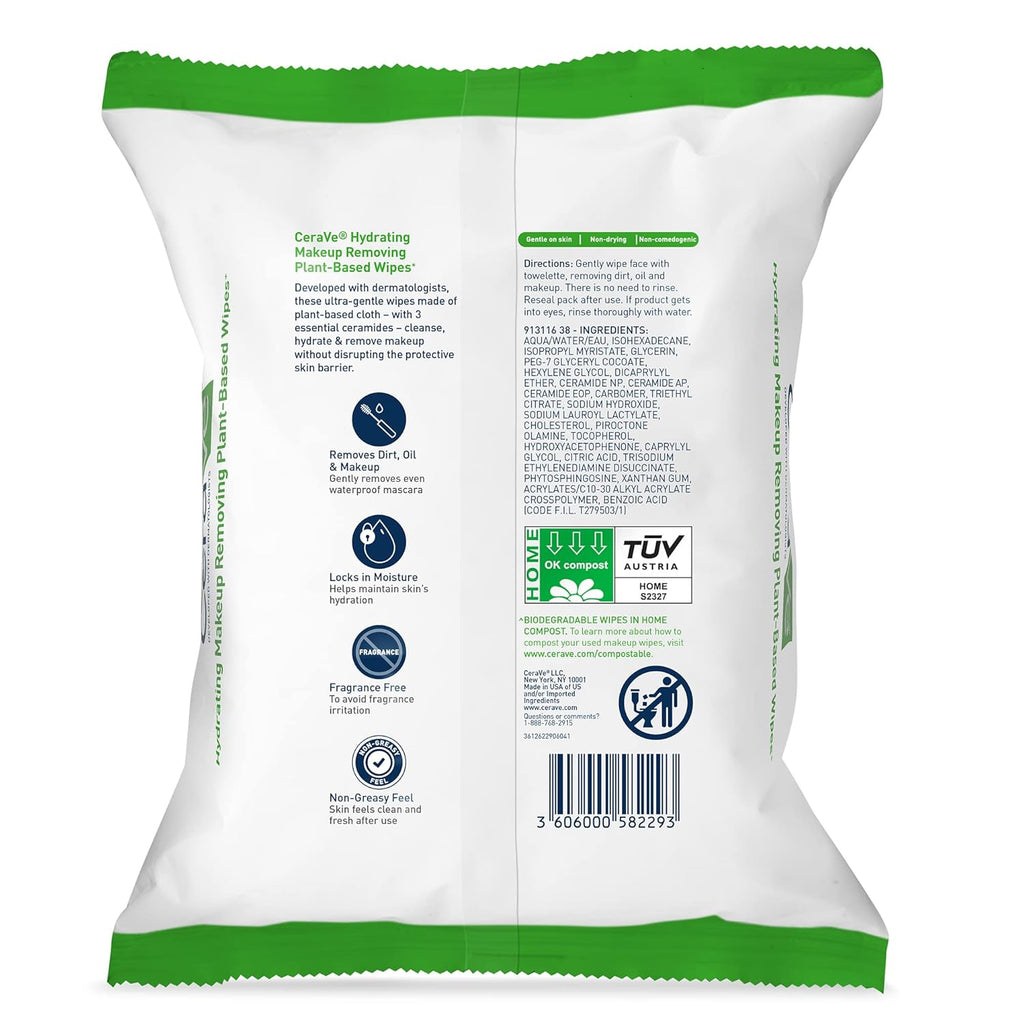 cerave plant-based face wipes, hydrating makeup remover, biodegradable, fragrance-free, 25-count, sensitive skin