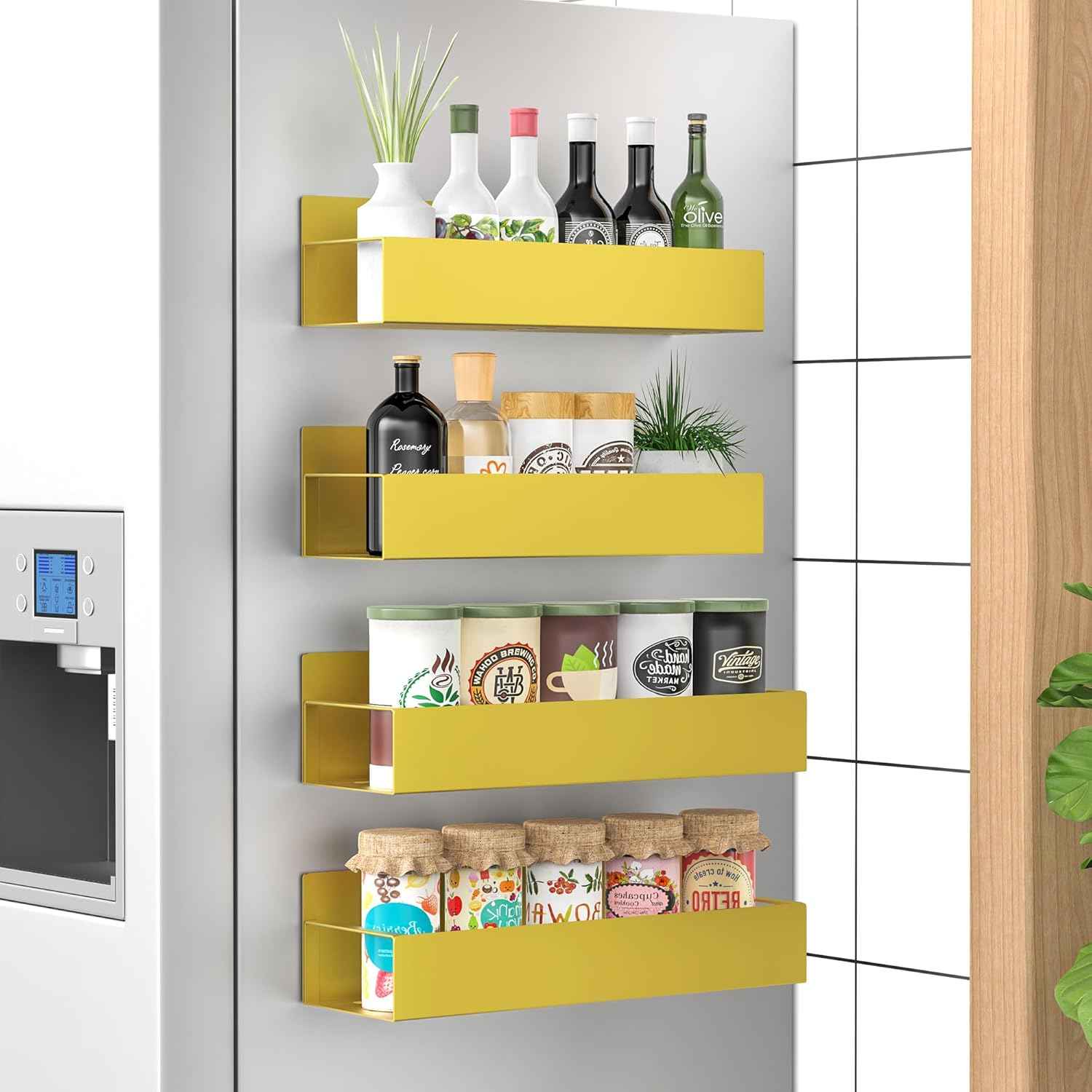 Metal 4 Pack Magnetic Spice Storage Rack Organizer for Refrigerator and Oven, Black Fridge Organizers and Storage