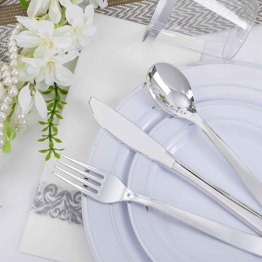 Wellife 700-Piece Silver Plastic Dinnerware Set for 100 Guests, Elegant White and Silver Design