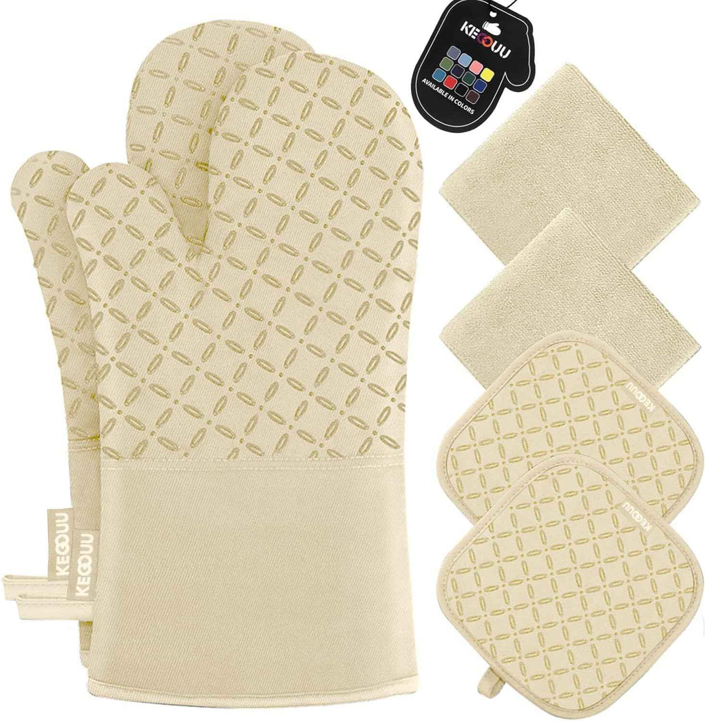 KEGOUU Oven Mitts and Pot Holders 6pcs Set, Kitchen Oven Glove High Heat Resistant 500 Degree Extra Long Oven Mitts and Potholder with Non-Slip Silicone Surface for Cooking (Grey)