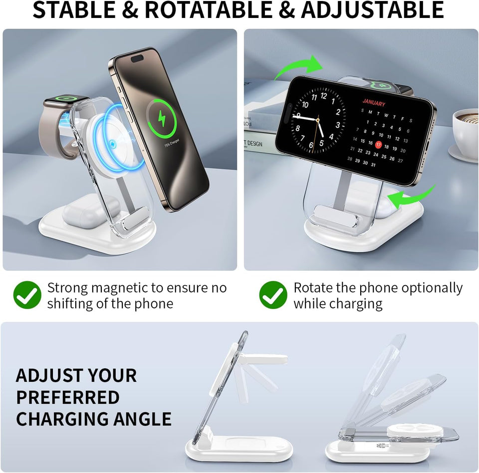 2025 MagSafe 3-in-1 charging station with night light for iPhone, Apple Watch, AirPods travel and bedside use