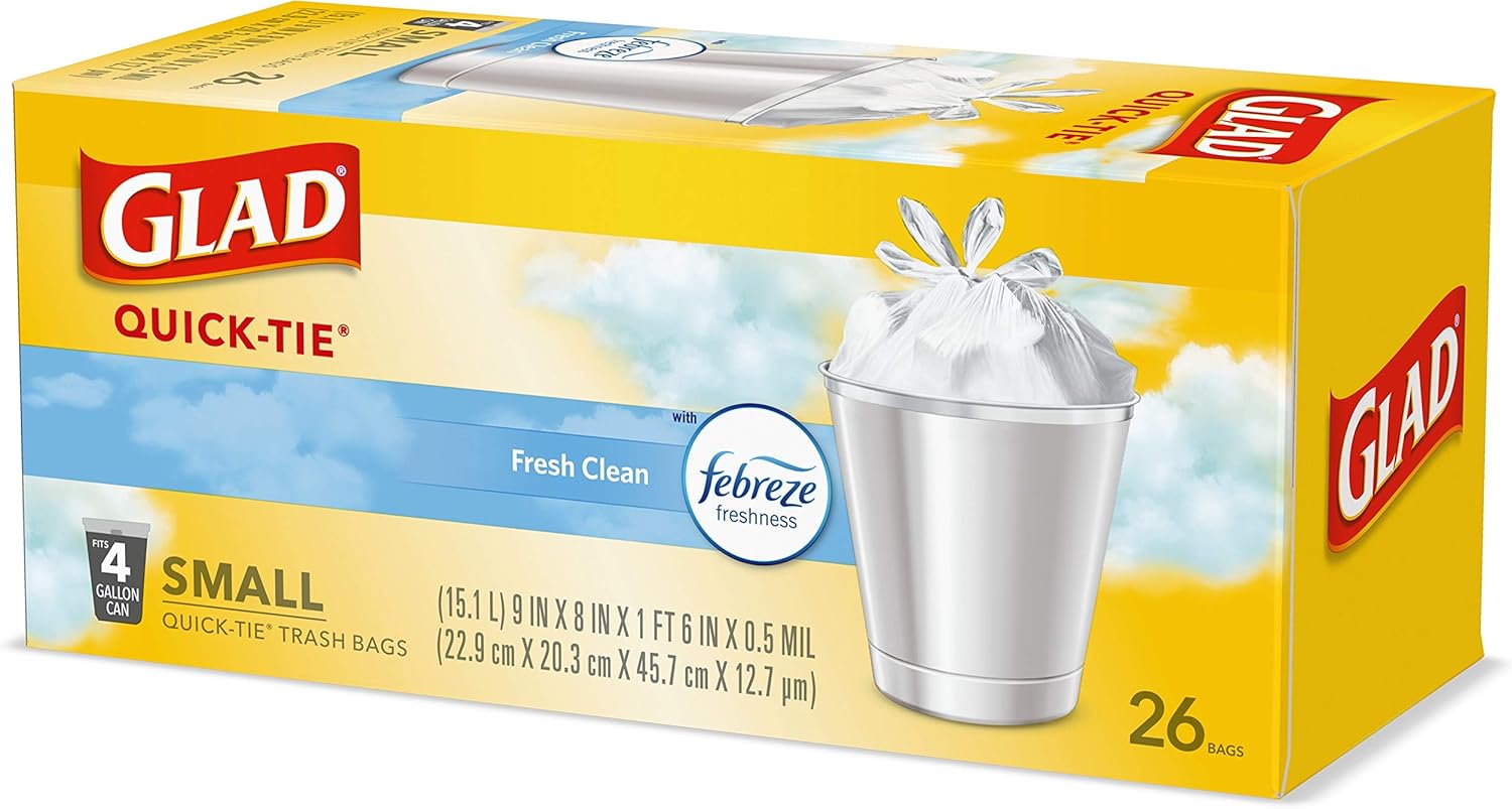Glad Small Trash Bags 4 Gallon, Febreze Fresh Clean Garbage Bags, Odor Resistant with Quick Tie, 26 Count - ShopUS