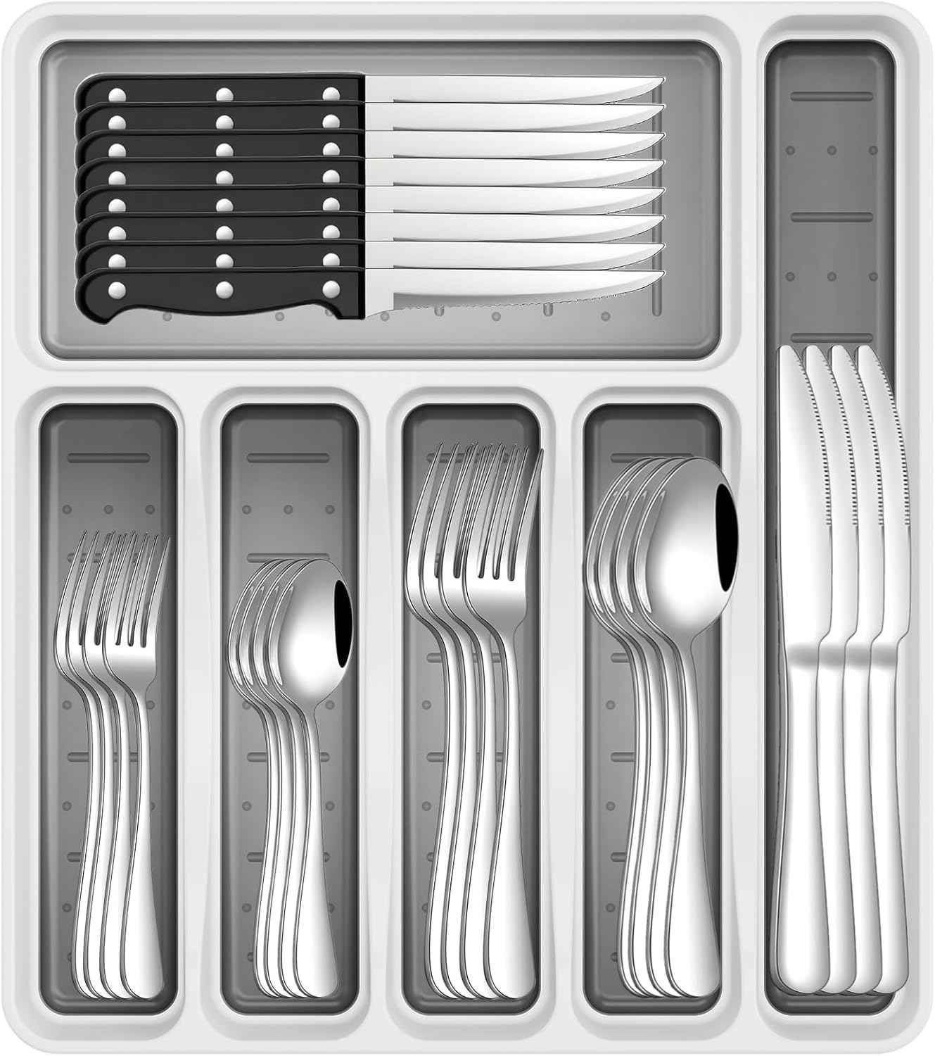 Premium 49-Piece Stainless Steel Silverware Set with Organizer for 8, Includes Steak Knives and Kitchen Utensils