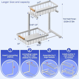 ADBIU Under Sink Organizer, 2 Pack 2 Tier Expandable Height Kitchen Bathroom Cabinet Organizers