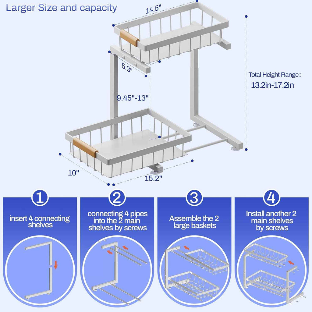 ADBIU Under Sink Organizer, 2 Pack 2 Tier Expandable Height Kitchen Bathroom Cabinet Organizers