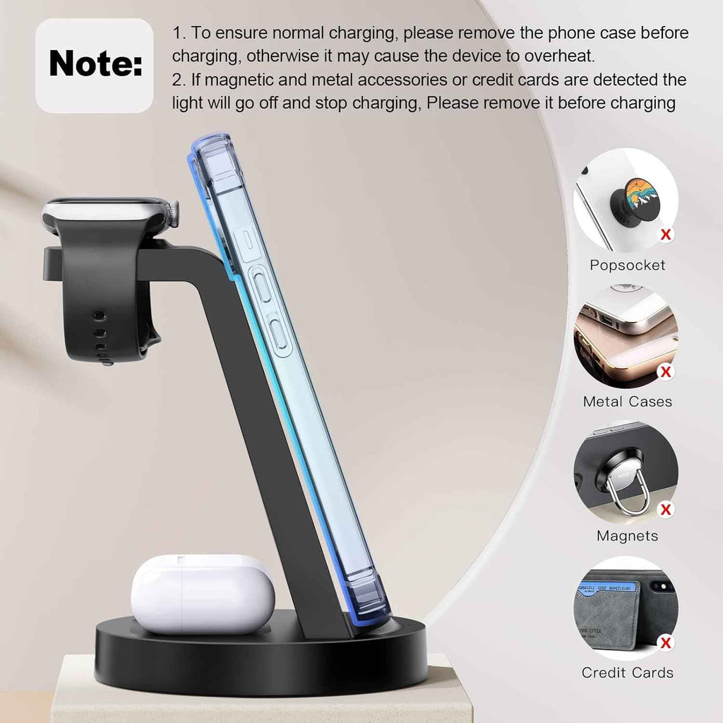 3-in-1 wireless charging station for iPhone, AirPods, and Apple Watch compatibility