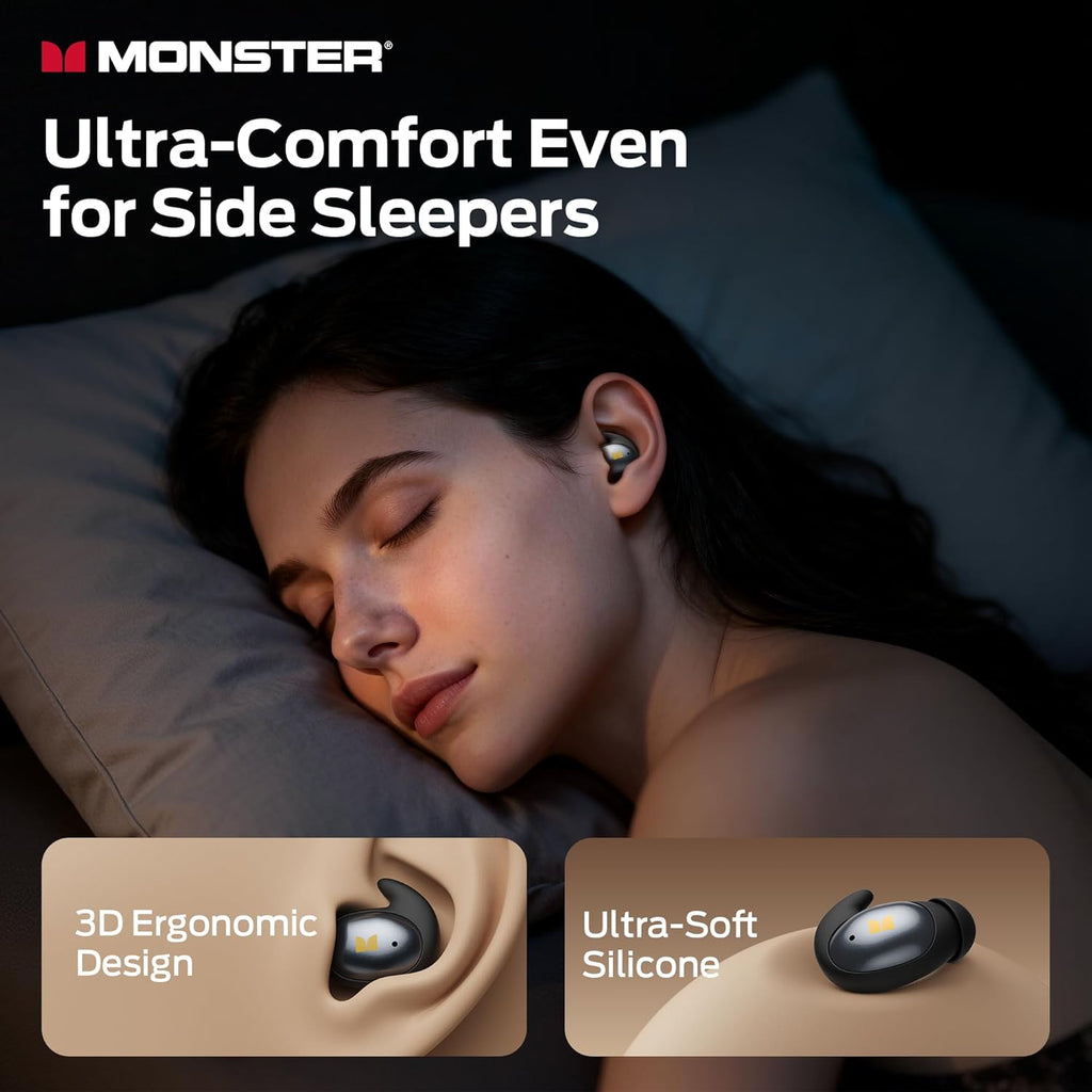 Monster Sleep Ear100 Ear Buds, Sleep Earbuds with Stereo Sound, Design for Side Sleeper, 32H Playtime, Bluetooth 6.0, ENC Noise Cancelling, IPX6 Waterproof Mini Headphones, Black