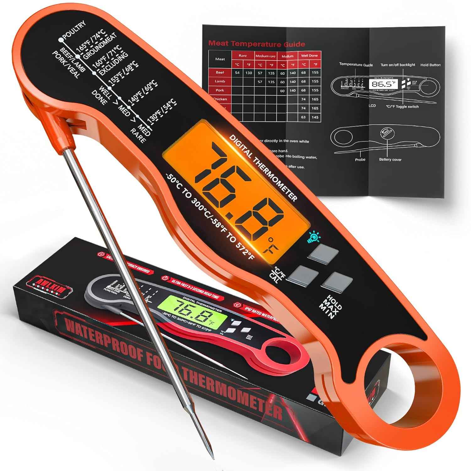Meat Thermometer Digital - Instant Read Waterproof Food Thermometer with Backlight for Cooking, Grill, Candy, Kitchen & Stocking Stuffers for Men - Red