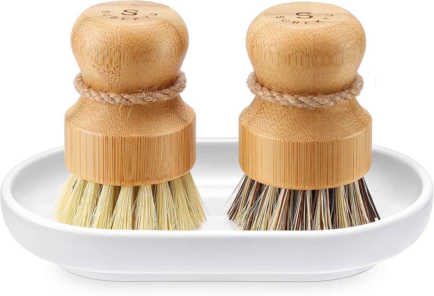 SUBEKYU Bamboo Dish Scrub Brush for Kitchen Sink, Natural Wooden Washing Dish Brush Scrubber with Sisal Bristles for Household Cleaning, Cast Iron Pots, Pans and Vegetables