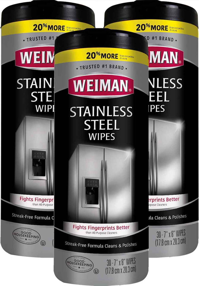 Weiman Stainless Steel Cleaner, 30 Count Cleaning Wipes, Removes Dirt, Grime, and Grease, No Streaks or Residue, Stainless Steel Polish for a Sparkling Clean and Shiny Surface, Cleaning Supplies