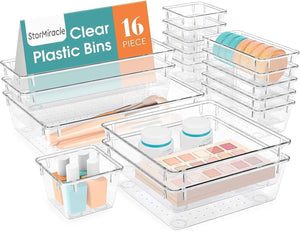 16 PCS Drawer Organizer Set, 5 Varied Size Bathroom and kitchen Drawer cabinet organizer Trays, Clear Storage Bins for Makeup, Jewelry, Utensils and Gadgets