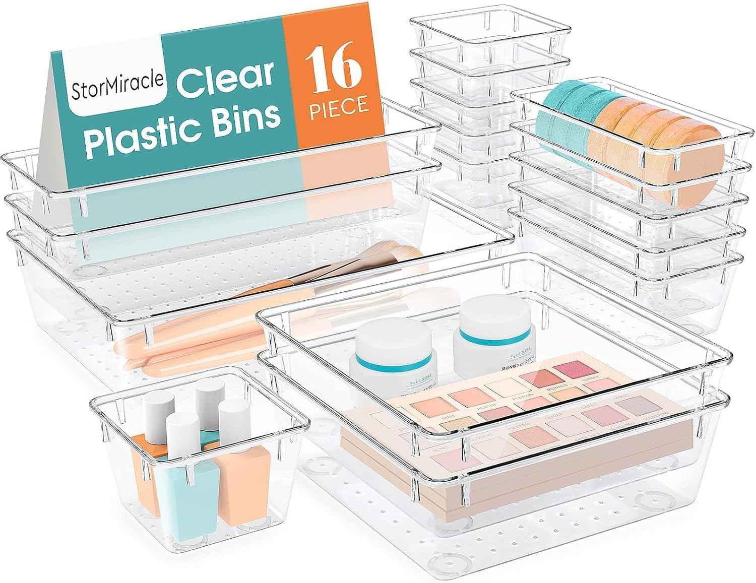 16-Piece Drawer Organizer Set - Clear Storage Bins for Makeup, Jewelry, Utensils and Gadgets