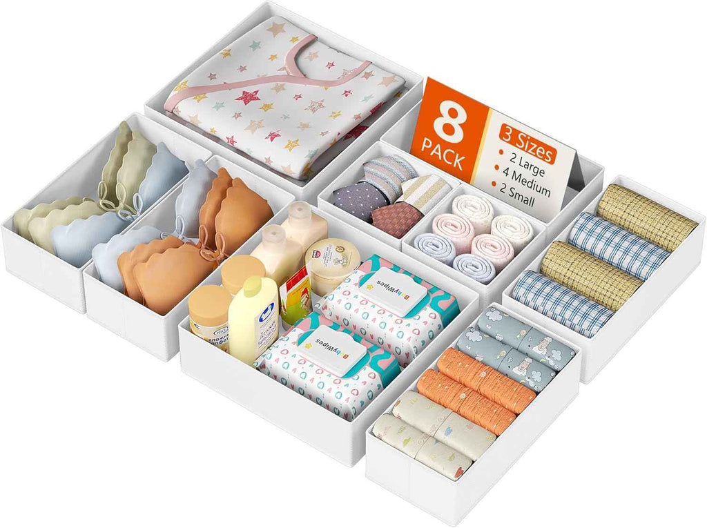 DIMJ Drawer Organizer Clothes, 12 Pack Dresser Organizer, Foldable Closet Organizers and Storage, Fabric Dresser Bins, Drawer Dividers for Nursery, Baby Clothes, Underwears, Sock (Beige)