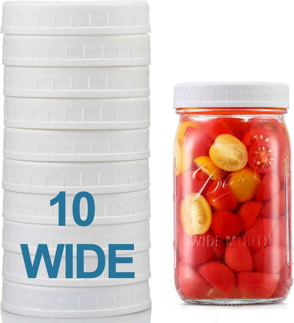 AOZITA [10 Pack] WIDE Mouth Mason Jar Lids for Ball, Kerr and More - White Plastic Storage Caps for Mason/Canning Jars - Leak-Proof, Dishwasher Safe & Food Grade