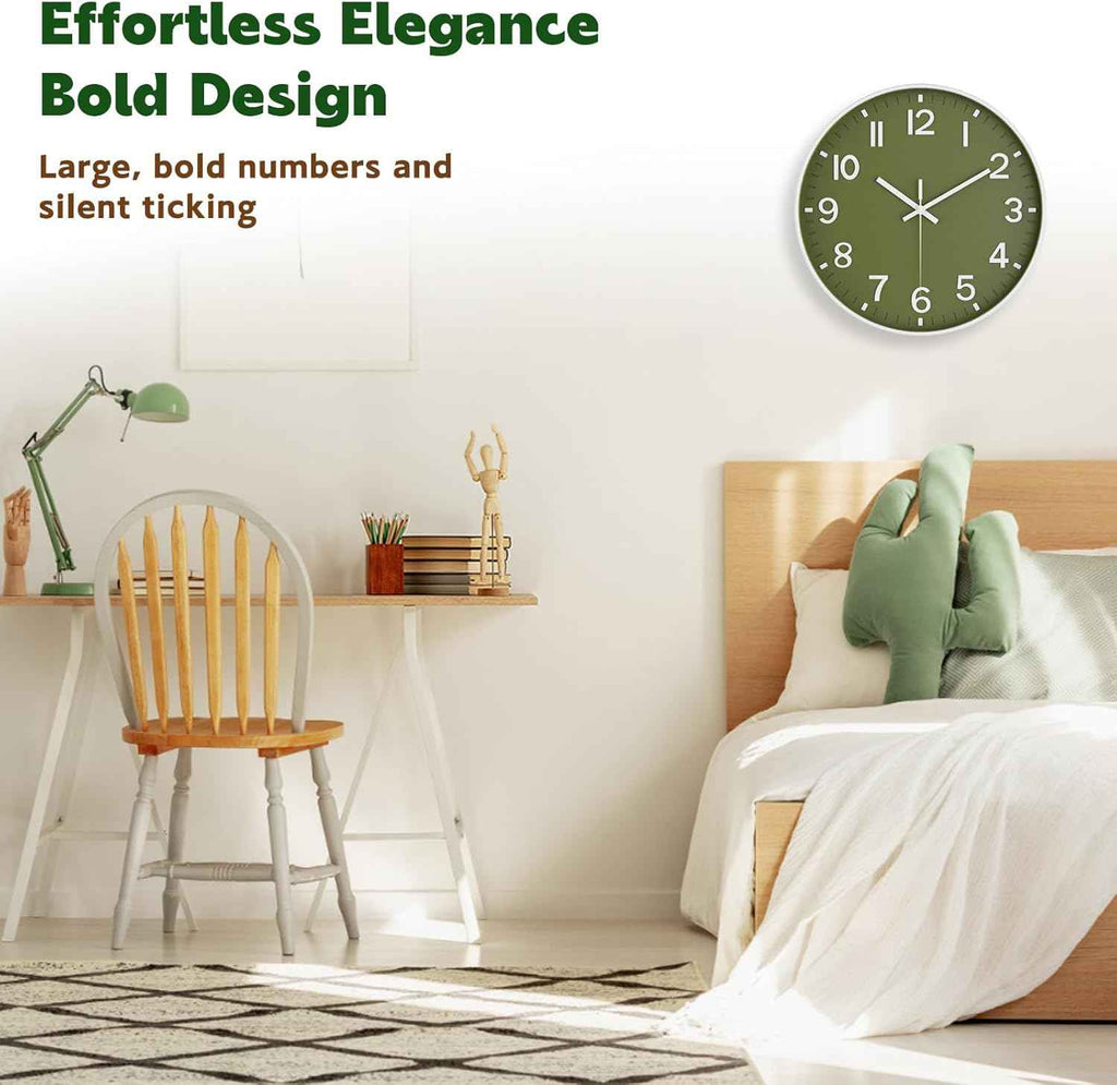 Silent Wall Clock Non-Ticking Battery Operated – Modern Olive Green Analog Wall Clock for Living Room, Kitchen, Office, Bedroom – Stylish Home Wall Decor Clock, 8 Inch