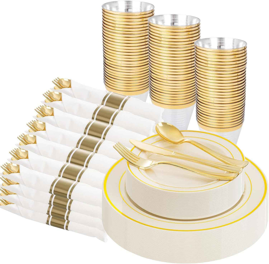 WELLIFE 700 Pieces Silver Plastic Dinnerware Set for 100 Guests - Includes Plates, Cups, Napkins, and Disposable Cutlery - Elegant White & Silver Design, Perfect for Parties and Events