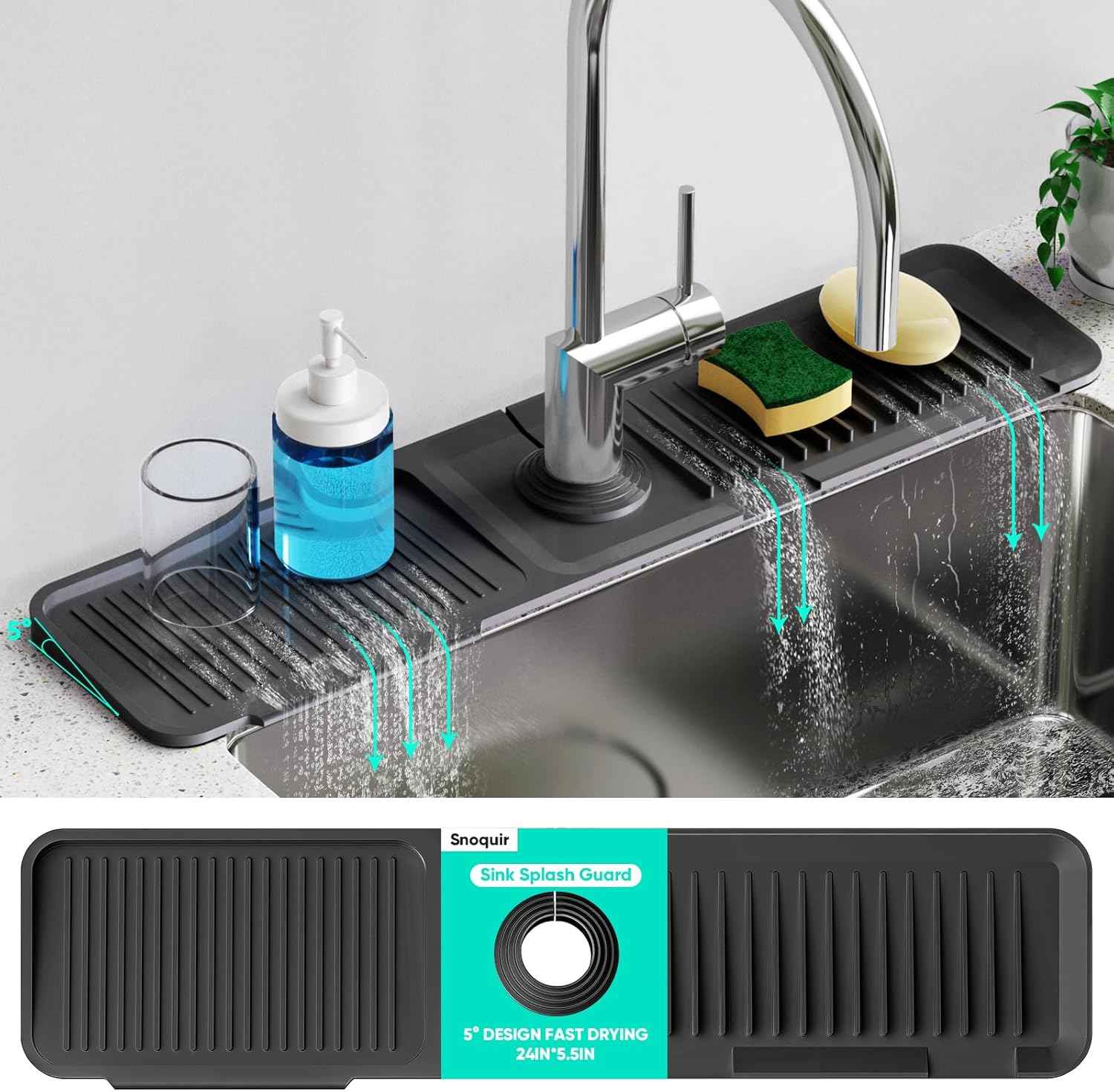 24 inch longer faucet mat for kitchen sink, 5° slope fast self-draining kitchen sink splash guard silicone