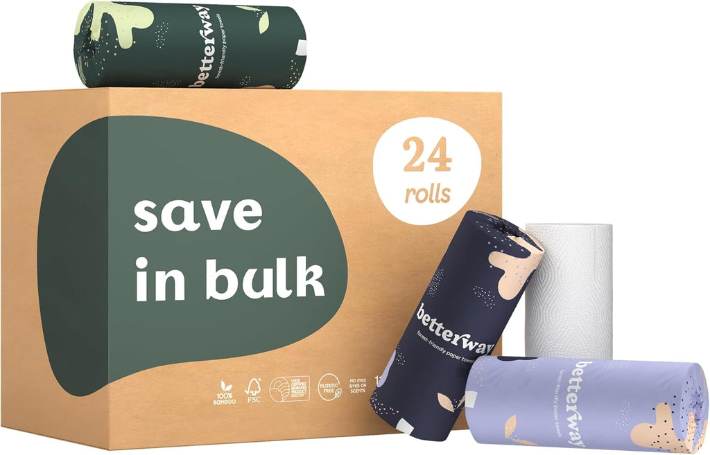 Betterway Bamboo Natural Brown Paper Towels - 8 Rolls, 2 Ply, 110 sheets - Plastic Free, PFAS Free, Disposable Kitchen Paper Towels - Select Size, Tree Free, Compostable, Strong & Absorbent - ShopUS