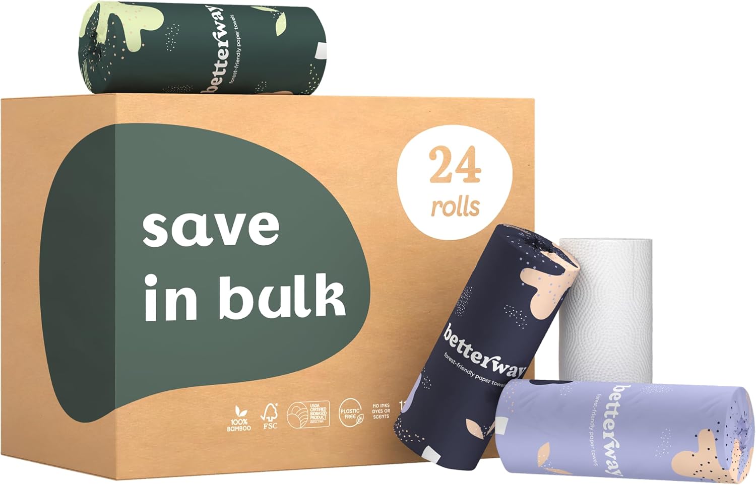 Betterway Bamboo Natural Brown Paper Towels - 8 Rolls, 2 Ply, 110 sheets - Plastic Free, PFAS Free, Disposable Kitchen Paper Towels - Select Size, Tree Free, Compostable, Strong & Absorbent - ShopUS