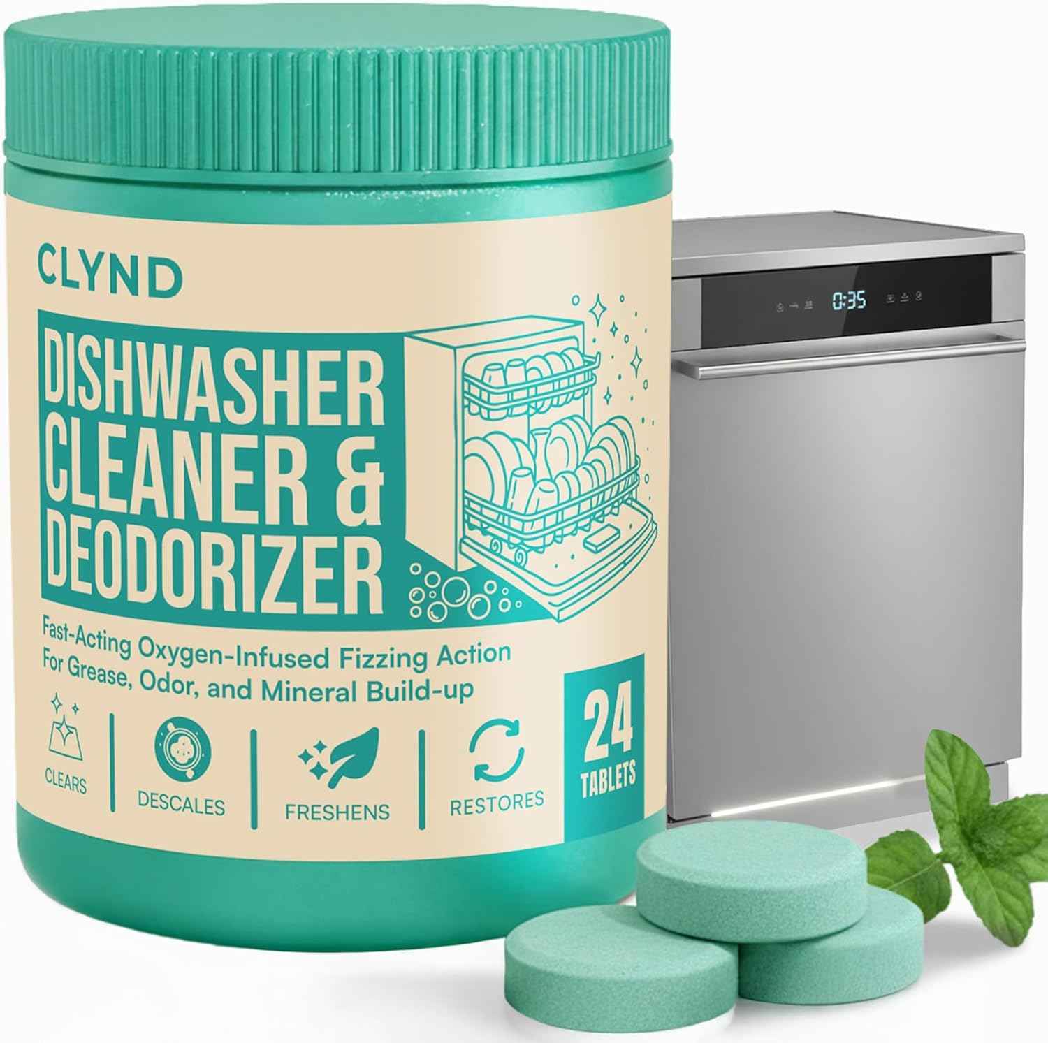 Dishwasher cleaner and deodorizer tablets - 24 pack, natural, heavy duty, low suds, fresh mint