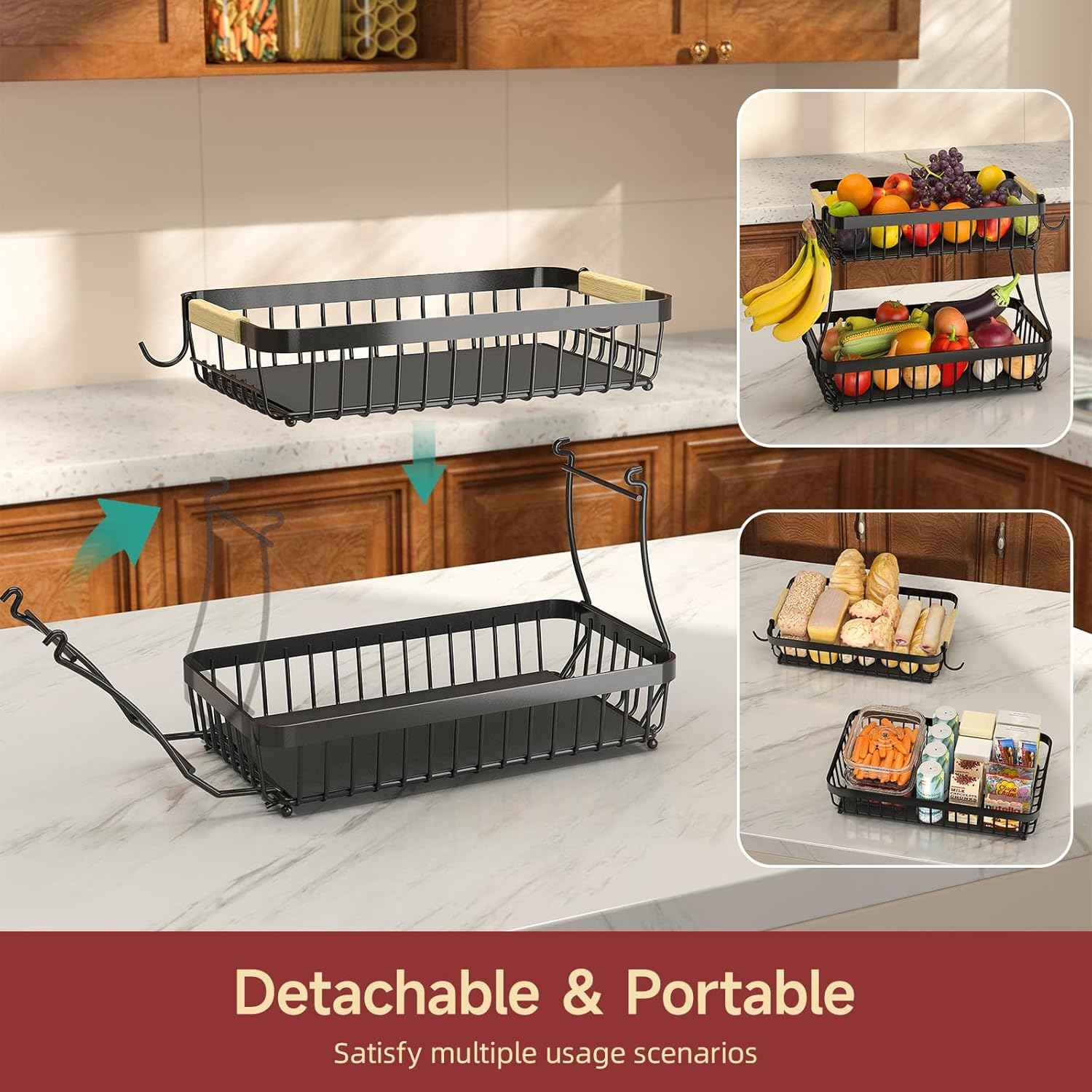 2 Tier Fruit Basket for Kitchen Counter with 2 Mobile Banana Hangers, 2025 Pro Detachable Metal Fruit Bowl with Wooden Handle, Fruit Holder for Bread Snack Veggies with Protective Mats