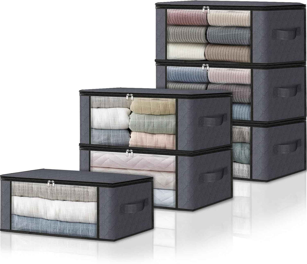 HomeHacks Storage 3-Pack Clothes Organizer Storage Bags Foldable Storage Box with Large Clear Window Sturdy Handles for Closet, Dorm, Pillows, Bedding, Clothes, Blankets, 35L, Gray