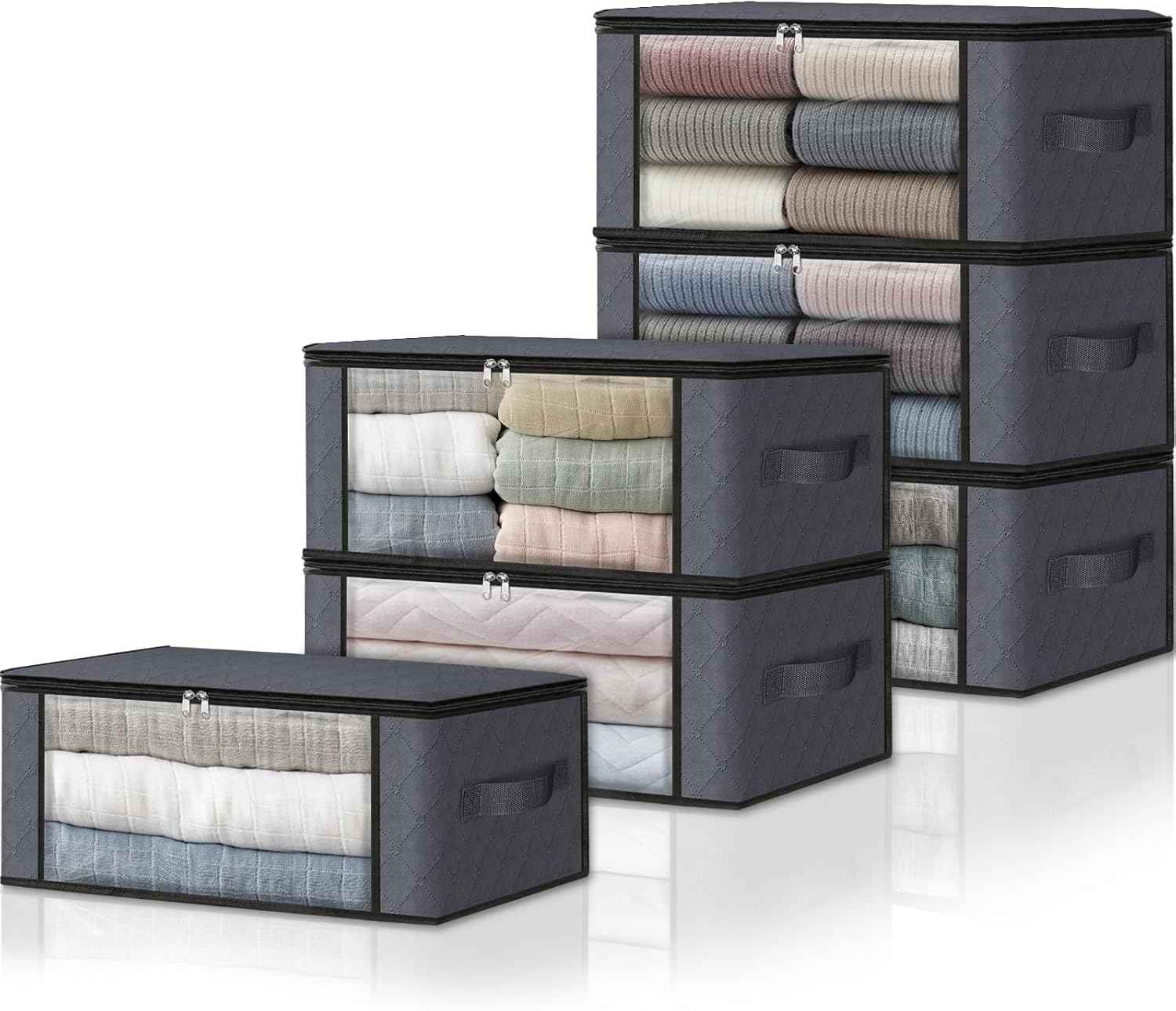 HomeHacks Storage 3-Pack Clothes Organizer Storage Bags Foldable Storage Box with Large Clear Window Sturdy Handles for Closet, Dorm, Pillows, Bedding, Clothes, Blankets, 35L, Gray