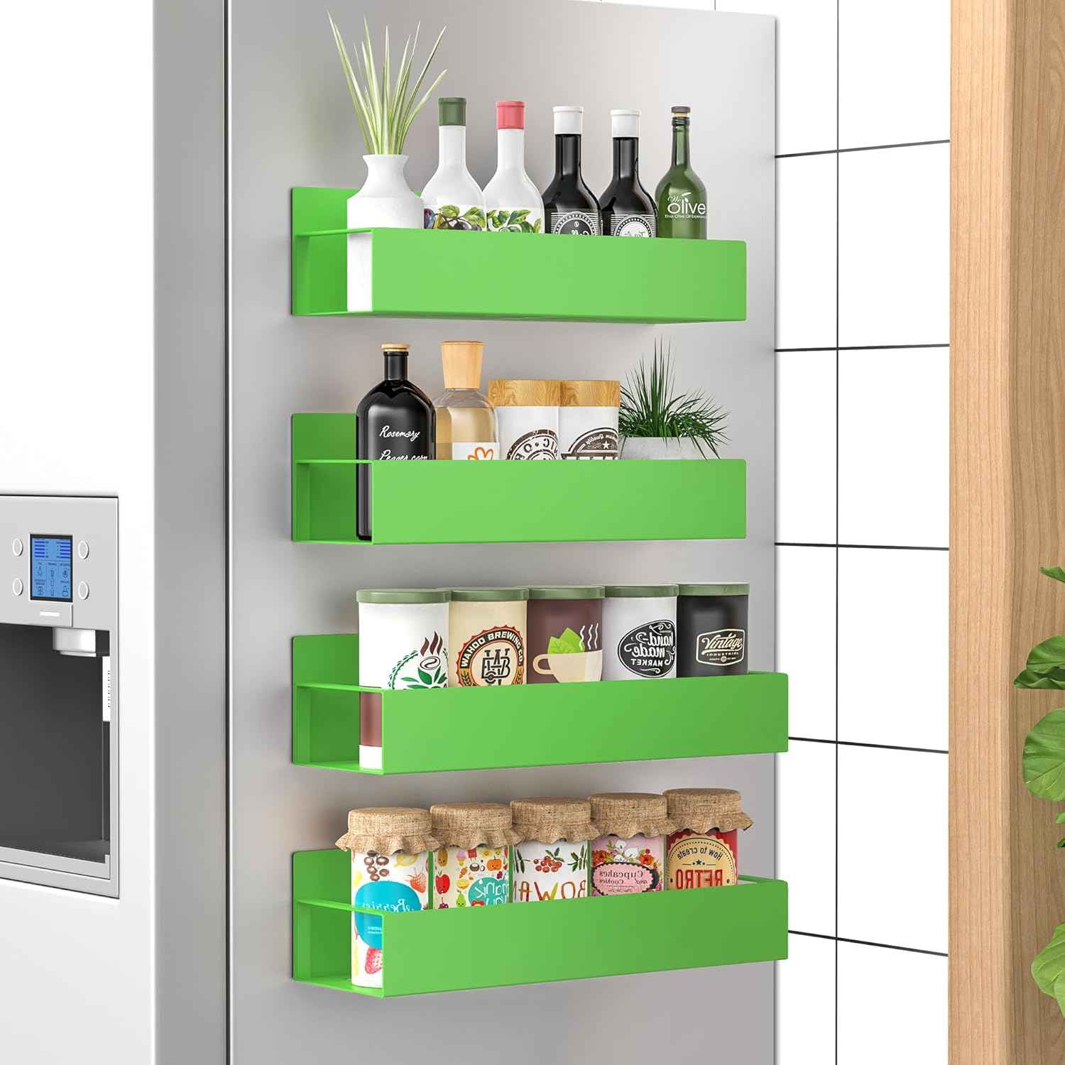 Metal 4 Pack Magnetic Spice Storage Rack Organizer for Refrigerator and Oven, Black Fridge Organizers and Storage